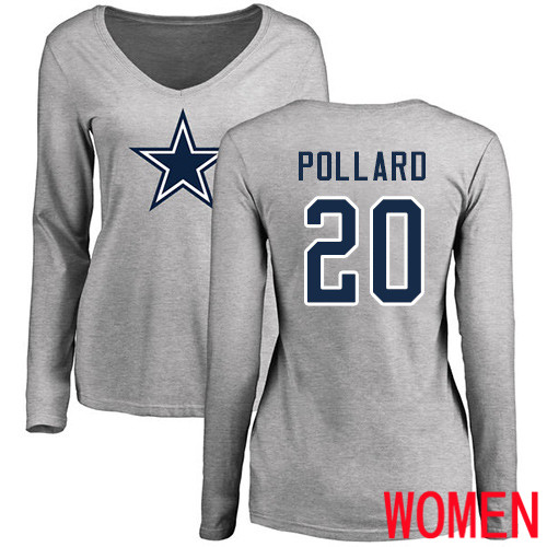Women Dallas Cowboys Ash Tony Pollard Name and Number Logo Slim Fit #20 Long Sleeve Nike NFL T Shirt->nfl t-shirts->Sports Accessory